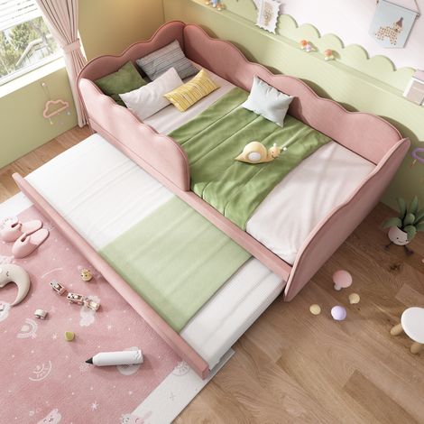 Tagesbett 90x190 cm Rosa Samt mit Ausziehbett und kindersicherer Wolkenform (1/5)