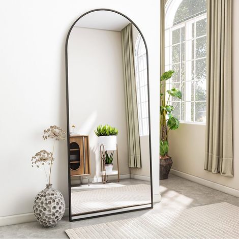 Miroir sur Pied avec Dessus bombé, 165 x 60 cm, Miroir arqué, avec Verre Robuste, Miroir Complet monté au Mur, appuyé ou Placement Libre avec Pince, Noir (1/5)