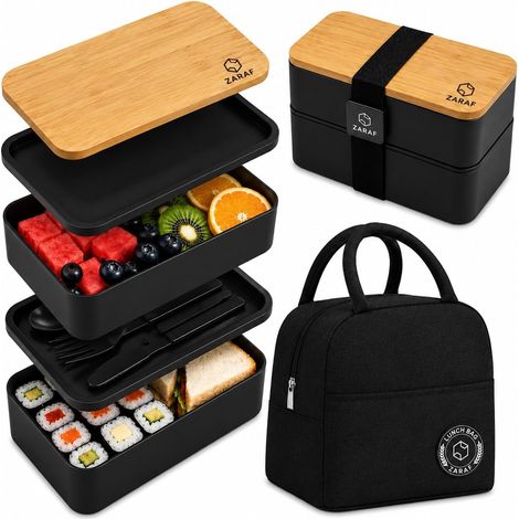 Boite Bento 2 Couches 1200 ml - PP Sans BPA - Hermétique Avec Couverts Et Sac Isotherme - Pour Adultes Et Enfants (1/5)