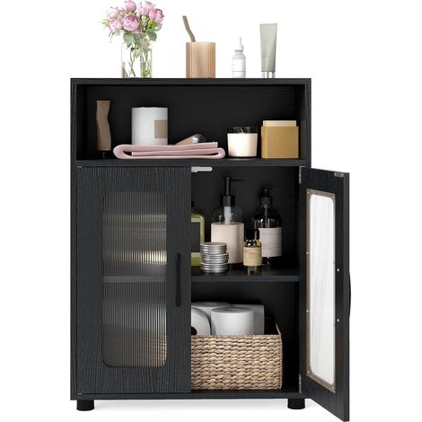 COSTWAY Mobile da Bagno, Mobiletto Salvaspazio con 2 Ante e Ripiano Regolabile a 3 Livelli, Scomparto Aperto, Design Anti-Ribaltamento e Piedini Rialzati, Armadietto per Lavanderia (Nero) (1/5)