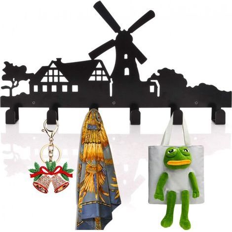 Patères murales avec 6 crochets, porte-manteau en métal, décoration murale pour manteau, chapeau, vêtements, sacs, clés ou serviettes (moulin à vent) (1/4)