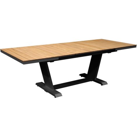 PROLOISIRS Table de repas extensible - AMBER - 180/240 x 100 cm - Aluminium époxy graphite / Lames teck - Allonge automatique