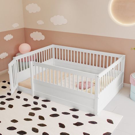 Lit enfant 140x200 cm avec barreaux et porte de sécurité - Cadre en bois robuste - Couleur blanc Lit Double - Enfant et ado (sans Matelas) (1/5)