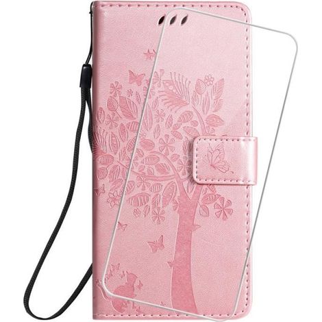Verre trempé + Pour Motorola Moto G51 5G 6.8" Housse Téléphone à rabat PU Cuir Etui Protection - Or rose - arbre et chat (1/4)