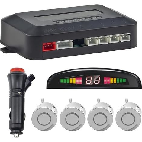 Aide au Stationnement sans Fil, Aide à la Marche Arrière avec 4 Capteurs de Stationnement Arrière PDC, Kit d'alerte de Distance Totale avec Affichage LED sans Fil (Argent) (1/5)