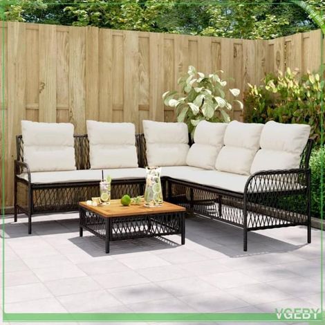 Canapé de jardin (ensemble) - FAFEICY - 368733 - Résine tressée noire - Coussins blanc crème déhoussables - Plateau acacia (1/5)