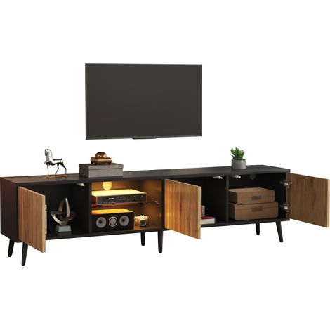 TV Lowboard mit 3 Türen, 1 offenem Fach und LED, für Wohnzimmer, aus Spanplatte, Naturholz, 175×31×43.5 cm (1/5)