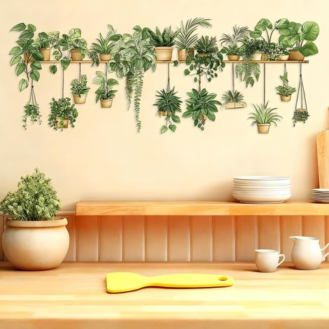 Sticker mural pour cuisine avec grattoir, autocollants muraux tropicaux, feuilles vertes, décoration murale, plantes en pot suspendues, poster mural autocollant, pour couloir, salon, chambre à coucher (1/5)