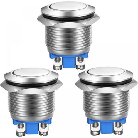3 pulsanti momentanei in acciaio inox con morsetti a vite, impermeabili, 19 mm, 2 A, 12 V/24 V/125 V/250 V (testa piatta)