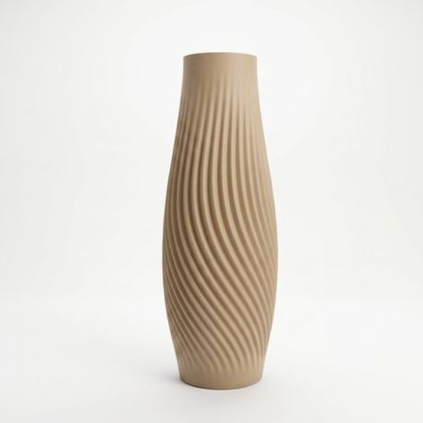 Vaso decorativo sottile beige per fiori, dal design moderno.