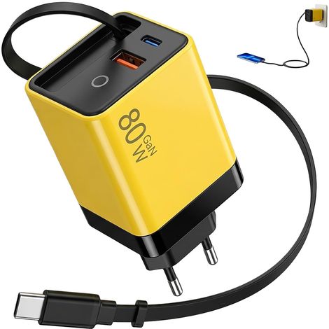 Chargeur USB C 80W avec Câble Rétractable, Chargeur Secteur Rapide 3 en 1 avec Câble USB C Extensible et 2 Ports USB, Adaptateur Compact pour (1/5)