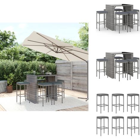 Ensemble de bar de jardin 7 pcs avec coussins gris poly rotin - Ensemble Salon De Jardin - Mobilier De Jardin - Set De Bar Extérieur - Table Et Chaises De Jardin - Décoration Extérieure (1/5)