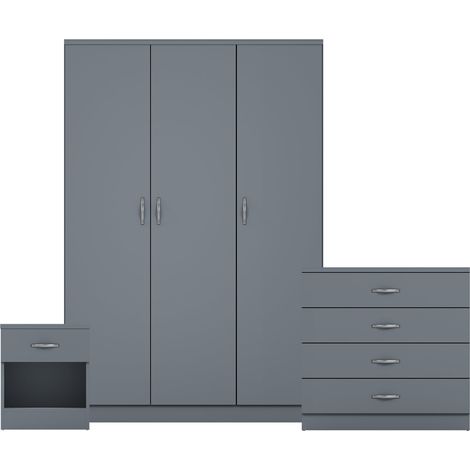 Riano 3 Piece Bedroom Set (1 Drawer Bedside Chest, 4 Drawer Chest, 3 Door Wardrobe), Grey (1/3)