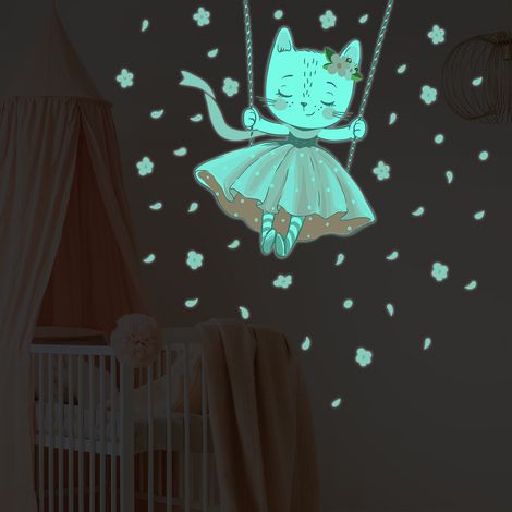 Sticker phosphorescent lumineux - CHAT DANSEUSE - Autocollant mural plafond enfant fluorescent - 35x30cm (1/5)