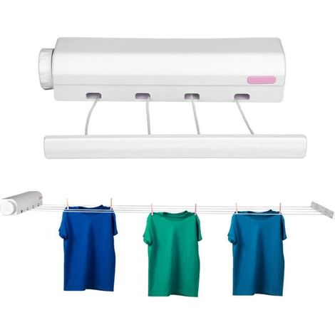 Séchoir Mural, Sèche Linge Dépliable avec 5 Fils de 3,75m Rétractables en Métal étendoir à Linge Rembobinable étendoir à Linge Robuste Pinces à Linge pour Intérieur et Extérieur (4 Lines)Couleur aléat (1/5)