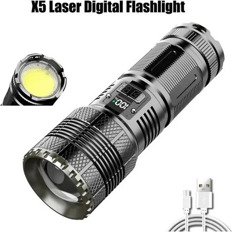 Lampe torche LED haute puissance, zoomable, projecteur d'urgence extérieur, affichage numérique, aluminium. (1/4)