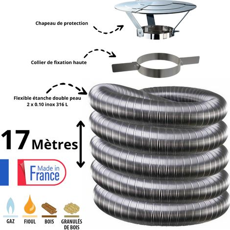 Kit tubage flexible double peau inox diamètre 150 + collier + chapeau Edilinox Longueur du conduit 17 mètres