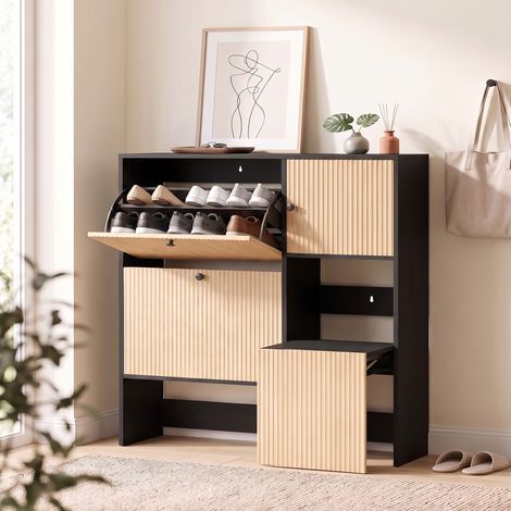 Meuble à chaussures étroit avec 2 tiroirs abattants, tabouret dissimulé, étagères réglables, 8 à 10 paires, 100 x 23,8 x 100 cm, chêne (1/5)