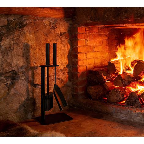 Lot de 3 outils de cheminée compacts, petit balai et pelle avec support, 35,5 cm de haut, acier revêtu de poudre noire, design peu encombrant pour petites cheminées (1/5)