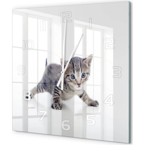 Grande Horloge Murale Carrée Moderne Verre Trempé Quartz Silencieux Sans Tic-Tac Petit chat 60x60 cm (1/5)