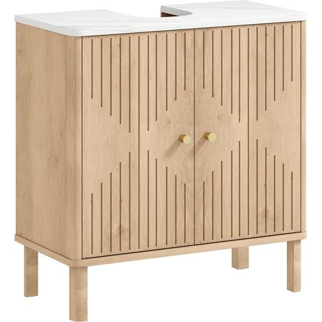 Meuble sous lavabo, Meuble de Salle de Bain sous Vasque avec étagère réglable et Plan de Toilette Effet marbre pour Vasque avec ou sans piédestal, 60 x 30 x 63 cm, chêne