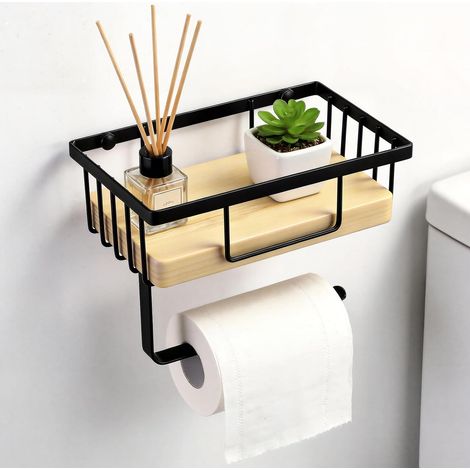 Porte-rouleau en bois avec étagère, porte-rouleau avec compartiment pour lingettes humides, porte-rouleau de papier toilette mural, deux options d'installation, auto-adhésif (1/5)