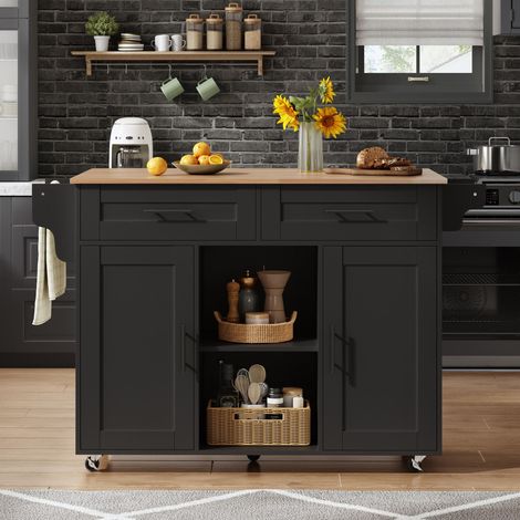 Mobile Kücheninsel 145x45x94,5 cm Schwarz – ausziehbare Platte, 5 Rollen, Besteckschublade & verstellbare Regale (1/5)