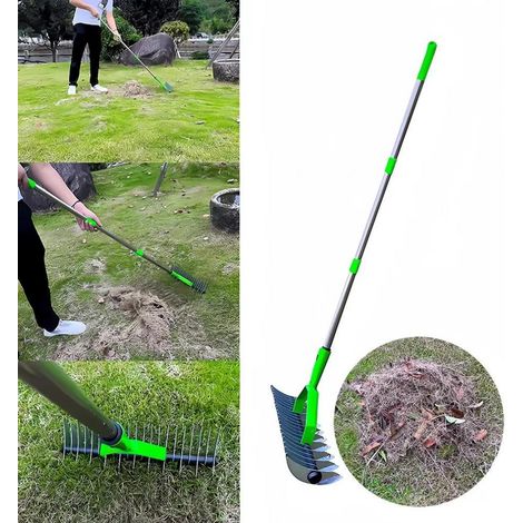 Râteau désherbeur à 21 dents acier inoxydable manche aluminium 134cm outil jardinage sarclage labour nettoyage feuilles extérieur (1/5)