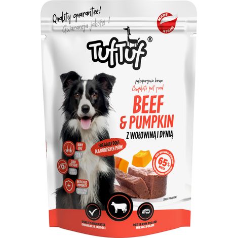 Comida húmeda para perros TufTuf, ternera con calabaza, bolsa de 300 g, carne en conserva. (1/4)