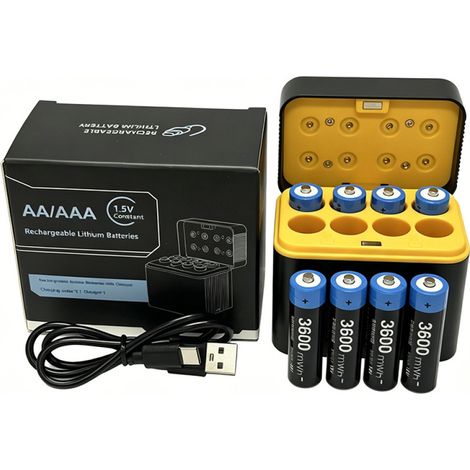 Boîtier de charge rapide intégré, ensemble de 8 piles rechargeables AA au lithium avec chargeur rapide, accumulateurs, pile recharge (1/5)