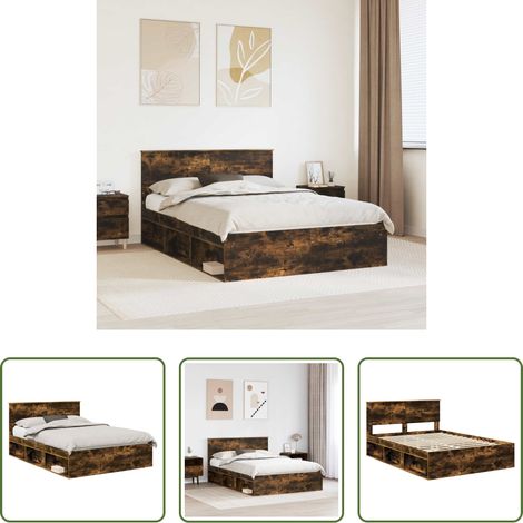 vidaXL Lit chêne fumé -  Cadre de lit Chêne fumé 140 x 190 cm Bois d'ingénierie (1/5)