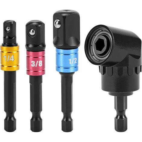 Adaptateur de visseuse d\'angle 105 °, fixation d\'angle pour tournevis sans fil, perceuse à queue hexagonale, avec adaptateur de douille 3 pièces 1/4" 3/8" 1/2",noir (1/5)