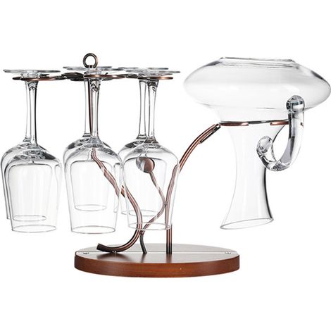 Porte-verres à vin rouge 2 en 1 avec carafe intégrée, finition bronze vintage, pour 6 verres à pied. Support de rangement et de séchage, à poser sur une table. Socle en bois massif. (1/4)