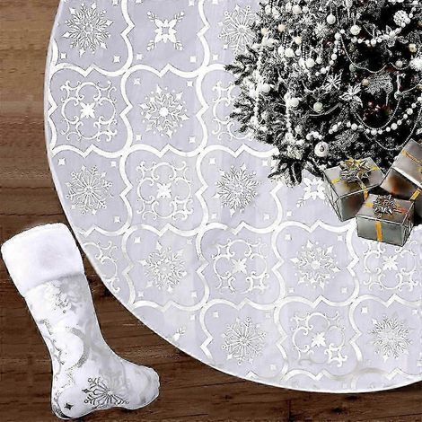 Décoration pour sapin de Noël, jupe de sapin avec chaussette de Noël et flocons de neige, décoration pour fête de Noël (blanc) (1/4)