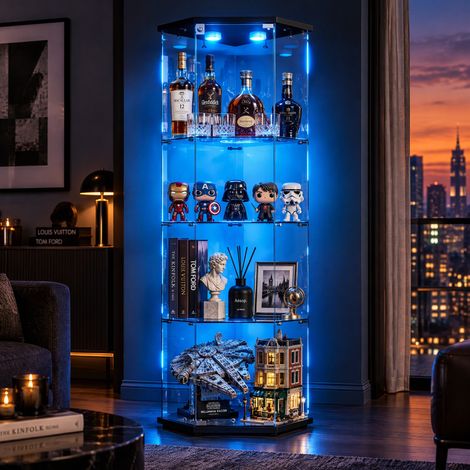 JOOKGBD-Vitrine en Verre avec LED,Vitrine pour Collection,Armoire Vitrine Pour Collection avec Porte étagères Transparent,Meuble VITRINES Verre,pour salon chambre bureau,Noir