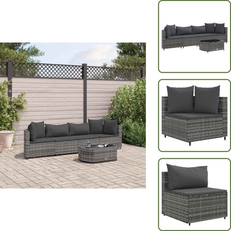 5-tlg. Garten-Sofagarnitur mit Kissen Grau Poly Rattan - Gartengestelle - Gartenmöbelset - PE-Rattan Möbel - Outdoor Sofa - Lounge Set (1/5)