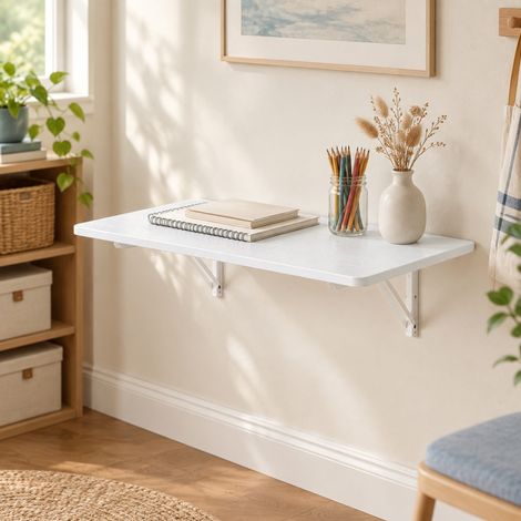 Mesa de pared plegable 80 x 40 cm, MDF y soportes metálicos, blanca DESVIAE (1/5)