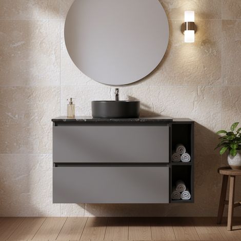 URBAN MEUBLE Meuble vasque suspendu avec vasque gris-noir, double tiroirs et plan en marbre noir (robinet non inclus)