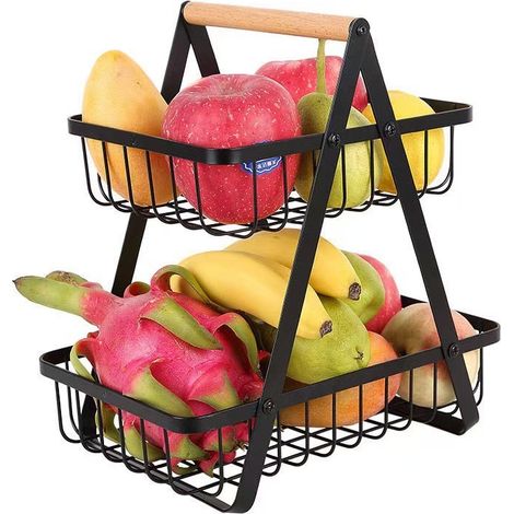 Obst- und Gemüsekorb mit 2 Etagen, Küchenthekenständer, Metallgeflechtkorb für Zwiebeln und Snacks