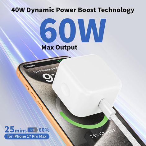 Adaptateur secteur Quandes 40 W, puissance maximale 60 W, compatible avec iPhone 17 Pro Max/17 Pro/17/16/15 Pro Max/Pad Pro/Air (1/5)