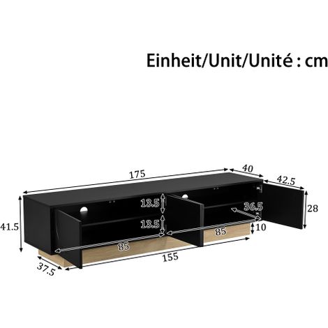 Meuble TV moderne noir effet bois – 175 cm, grand espace de rangement et gestion des câbles – Organisation technique et esthétique (1/5)