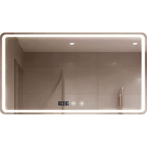 Miroir Salle de Bain LED. Miroir Mural Rectangulaire avec Anti-Buée, 3 Couleurs Réglables et Dimmable, avec Horloge et Température. Idéal pour la Salle de Bain ou Coiffeuse (Horizontal – 80x60cm) (1/5)