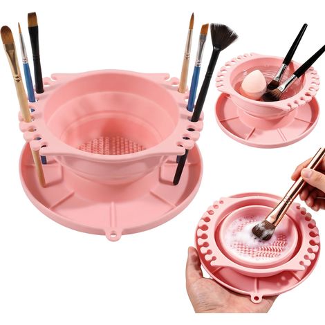 Brush Cleaner, Pinceau Nettoyage, Pinceaux Aquarelle Pinceau Peinture Nettoyeur, Nettoyeur de Pinceaux de Maquillage en Silicone Pliable Rose pour Voyage et Maison (1/5)