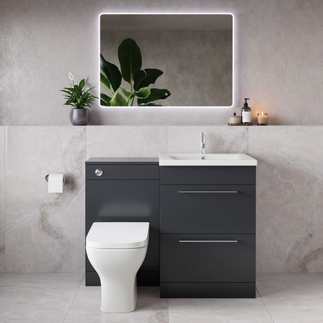 Napoli 460 Gloss Grey 1100mm 2 Drawer Vanity Unit Toilet Suite with Glide Basin - 1100mm - Chrome 320mm HandleWith Kingston Toilet Pan and Seat