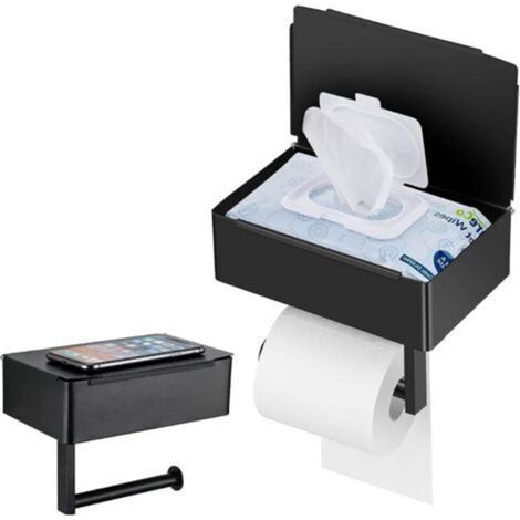 Porte Papier Toilette Mural Auto Adhésif avec Boîte à Mouchoirs, Support Papier Toilette sans Percage en Acier Inoxydable, Noir Mat Organisateur de Salle de Bain avec Plateau (1/5)