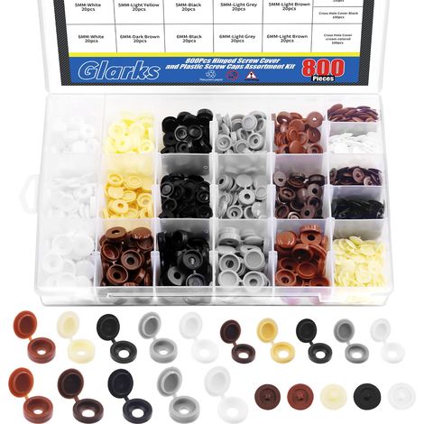 Lot de 800 capuchons de vis assortis de 2 styles, 9 couleurs, 300 pièces de 4 mm, 5 mm, 6 mm, capuchons à charnière et 500 vis cruciformes (1/5)