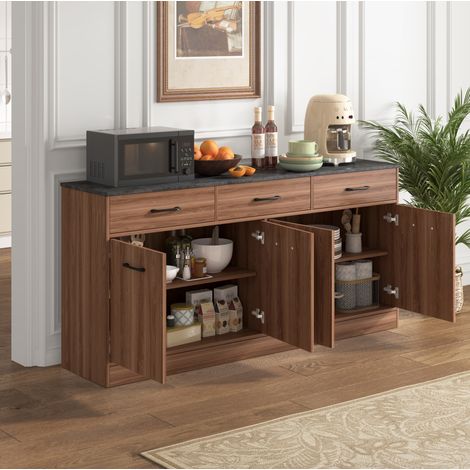 Mueble de cocina de 3 cajones, estantes regulables, 160 cm, efecto nogal y hormigón DESVIAE (1/5)