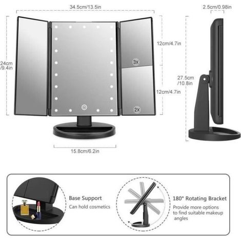 Miroirs de Table, Miroir de Maquillage, 2x/3x/10x Miroir de Maquillage à Trois Volets avec 22 lumières LED, Miroir à écran Tactile (1/4)