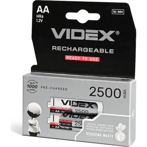 Set di 2 batterie AA al nichel-metallo idruro Videx 1.2V 2500mAh HR6