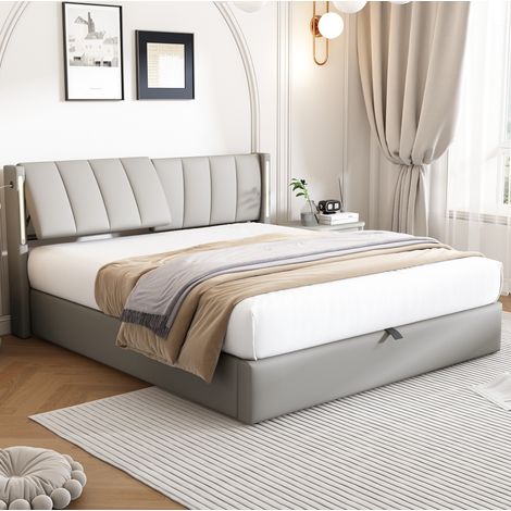 Letto contenitore 140x190 cm con illuminazione LED con telecomando, porta USB e testiera regolabile, senza materasso, grigio (1/5)